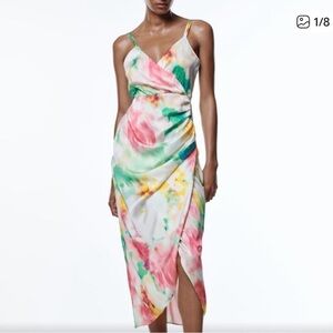 Zara satin print Floral Watercolor Slip Dress - White Multicolor